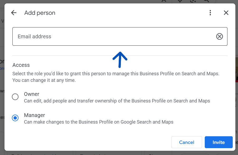 E-mailadres invullen om iemand uit te nodigen voor Google Business Profiel