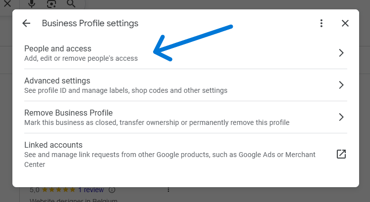 Instellingen voor bedrijfsprofiel openen en Mensen en toegang selecteren in Google Business Profiel