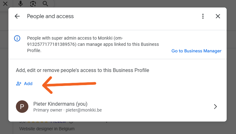 Knop Toevoegen in Mensen en toegang om een persoon aan Google Business Profiel toe te voegen
