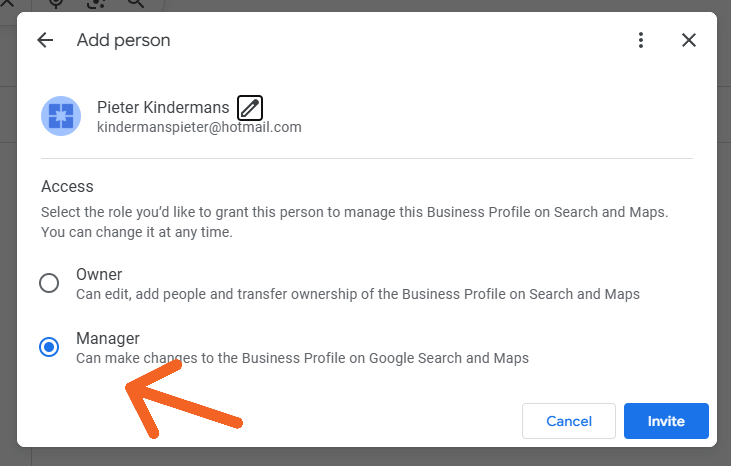 Rol Beheerder kiezen voor nieuwe gebruiker in Google Business Profiel