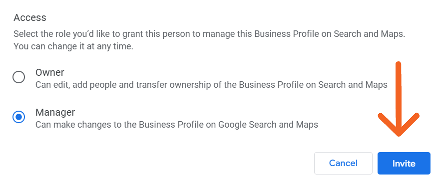 Uitnodigen-knop om toegang tot Google Business Profiel te versturen